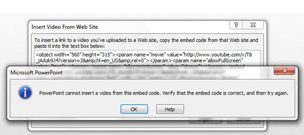 PowerPoint cannot insert video from this embed code. Verify the embed code is correct, and then try again